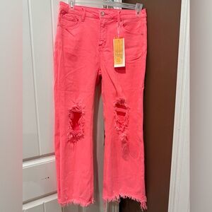 NWT! Risen Jeans. Vibrant Pink Distressed Flare Jeans